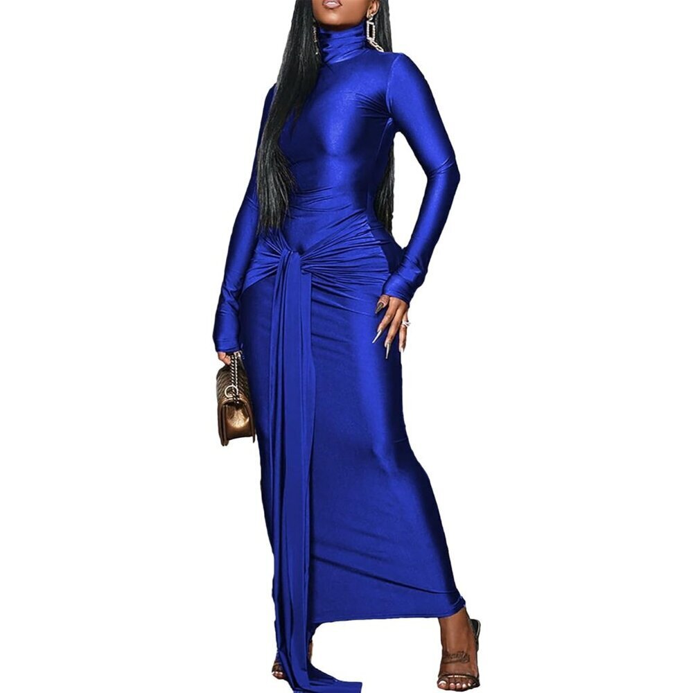 Women's Blue Long Sleeve Formal Body-con Elegant Ruched Tie Front Maxi Dress
